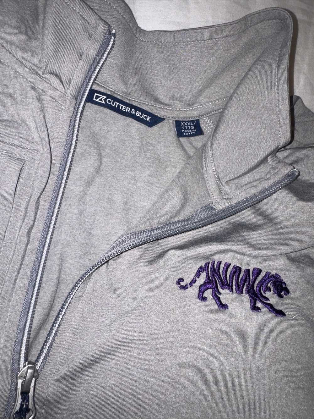 Cutter & Buck Light Gray Zip Jacket with Purple Tiger Logo